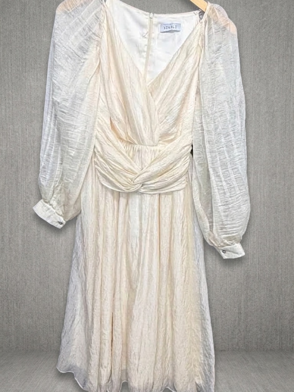XIAOLI Cream Shimmer Crinkle Midi Dress Long Sleeve Draped Ruched Cottagecore M